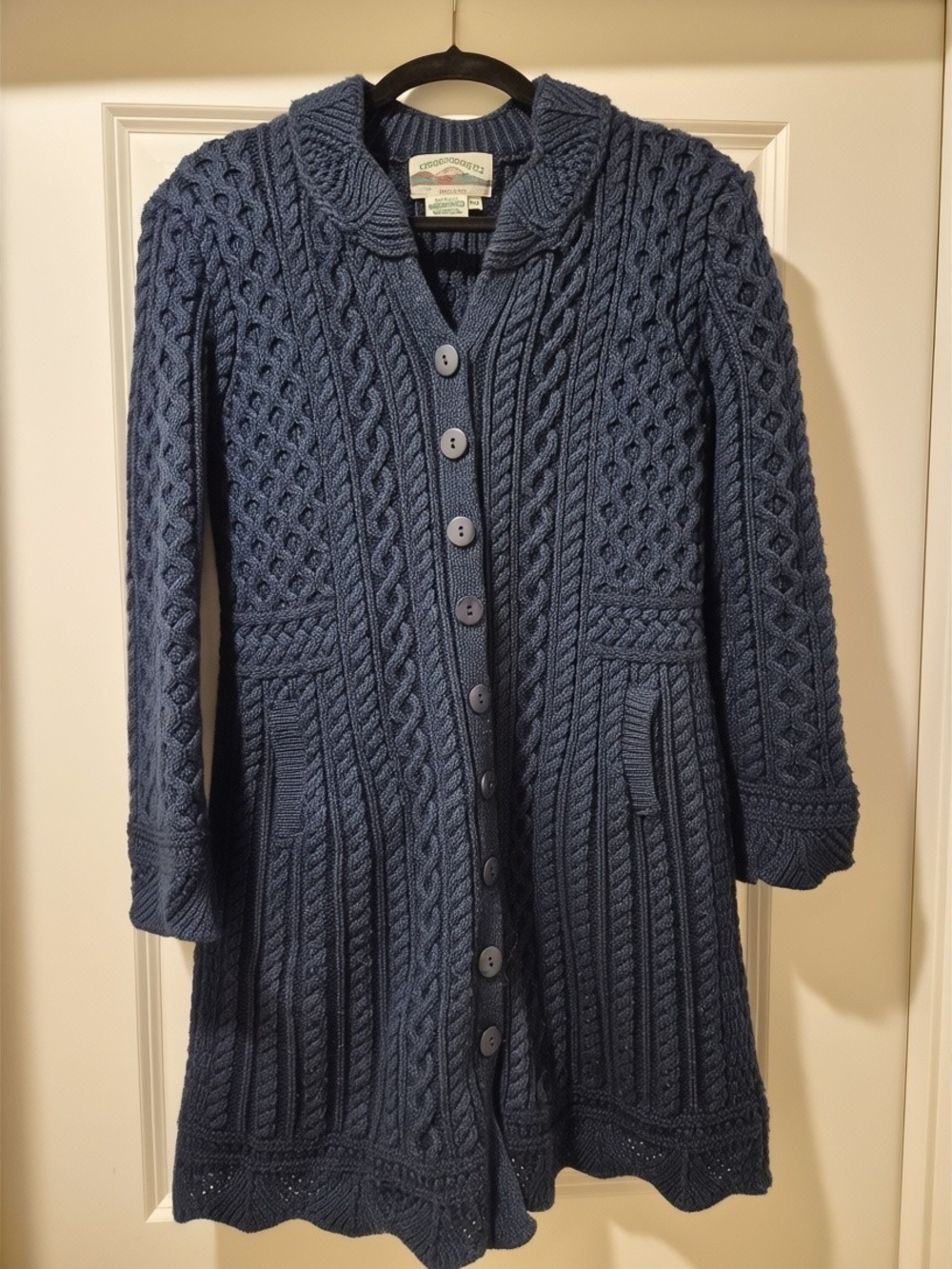 Aran Crafts Navy Cable-Knit Button-Front Shawl Collar Cardigan
